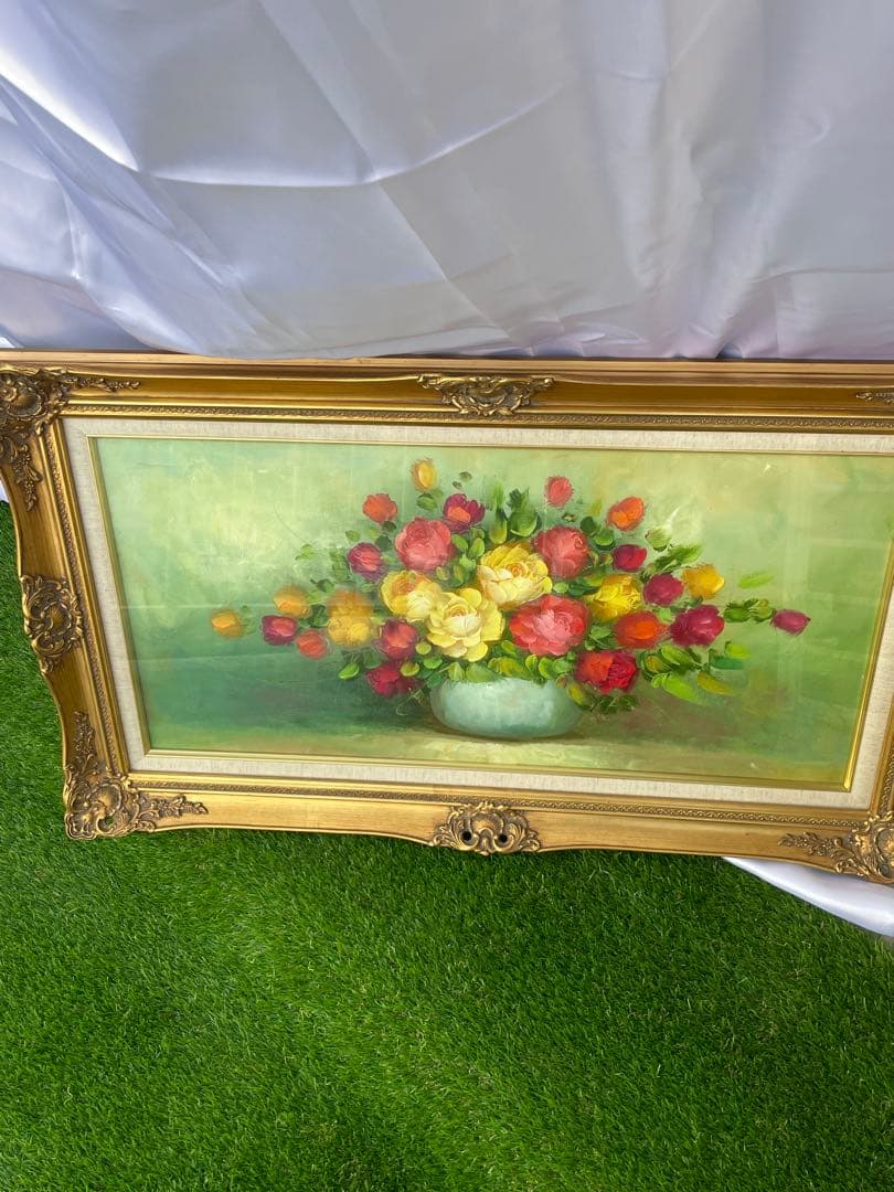 薔薇花瓶　油彩画 装飾フレーム付き