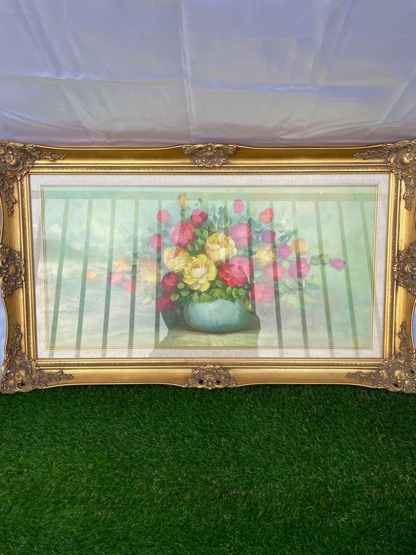 薔薇花瓶　油彩画 装飾フレーム付き