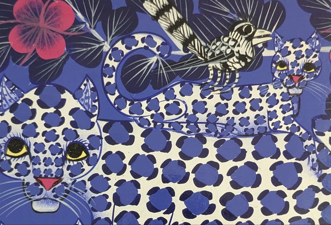 ●アフリカの絵画、ティンガティンガ、レオパード、ブルー、20×20cm