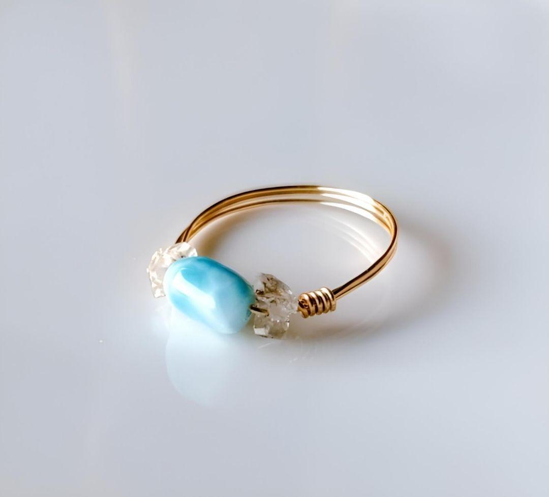 Kgf14 超希少 天然石 オイルイン ハーキマーダイヤモンド ラリマー リング