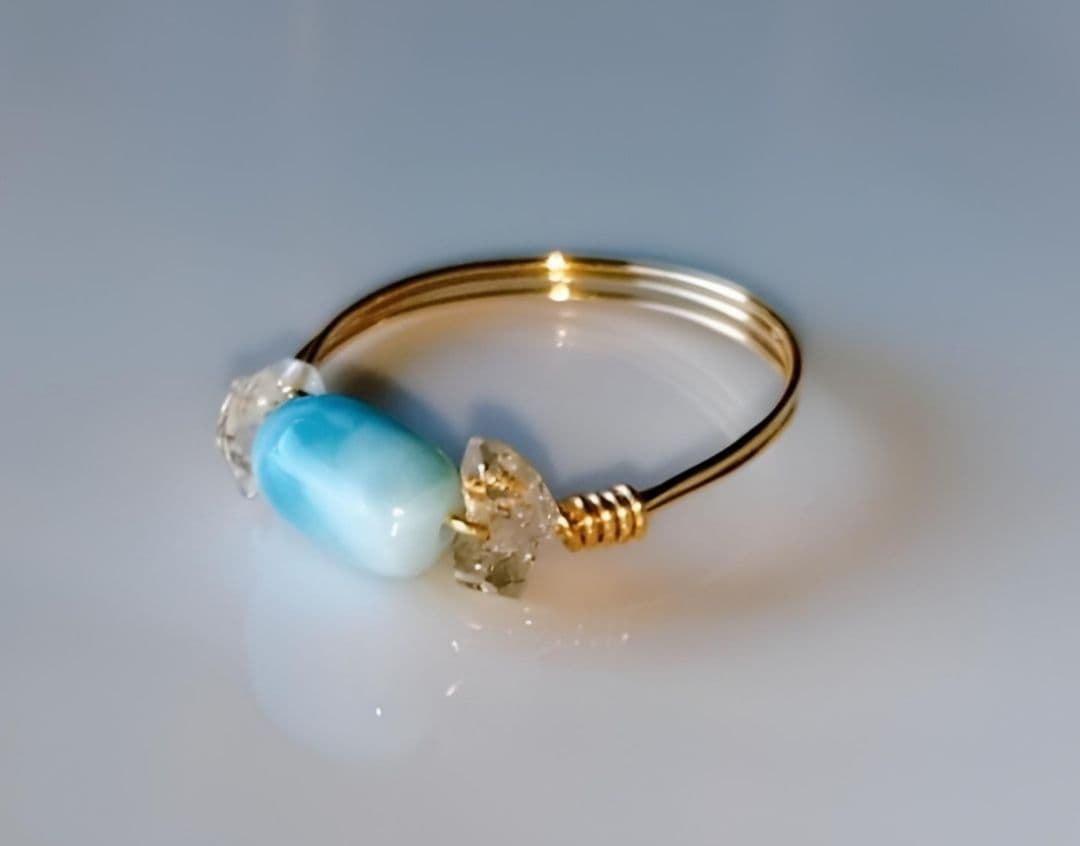 Kgf14 超希少 天然石 オイルイン ハーキマーダイヤモンド ラリマー リング