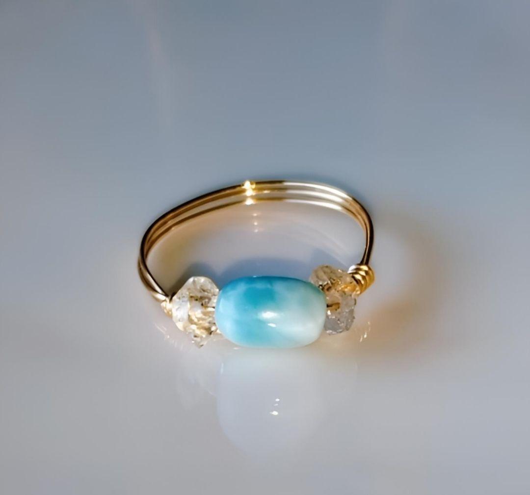 Kgf14 超希少 天然石 オイルイン ハーキマーダイヤモンド ラリマー リング