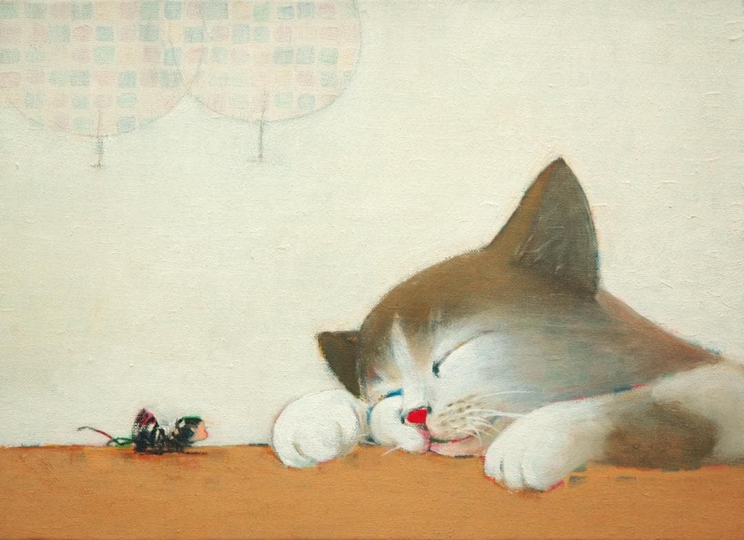 油絵菅家令子絵 絵画インテリア額付(青緑＋金色の枠)F4-072019猫女の子蟻