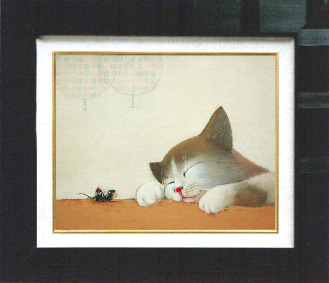 油絵菅家令子絵 絵画インテリア額付(青緑＋金色の枠)F4-072019猫女の子蟻