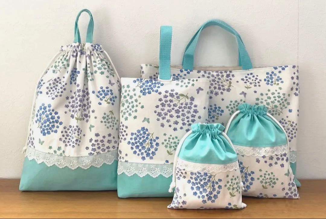 ハンドメイド　入園入学準備　レッスンバッグ5点セット　ふわふわフラワー　グリーン