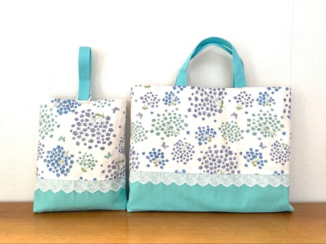 ハンドメイド　入園入学準備　レッスンバッグ5点セット　ふわふわフラワー　グリーン