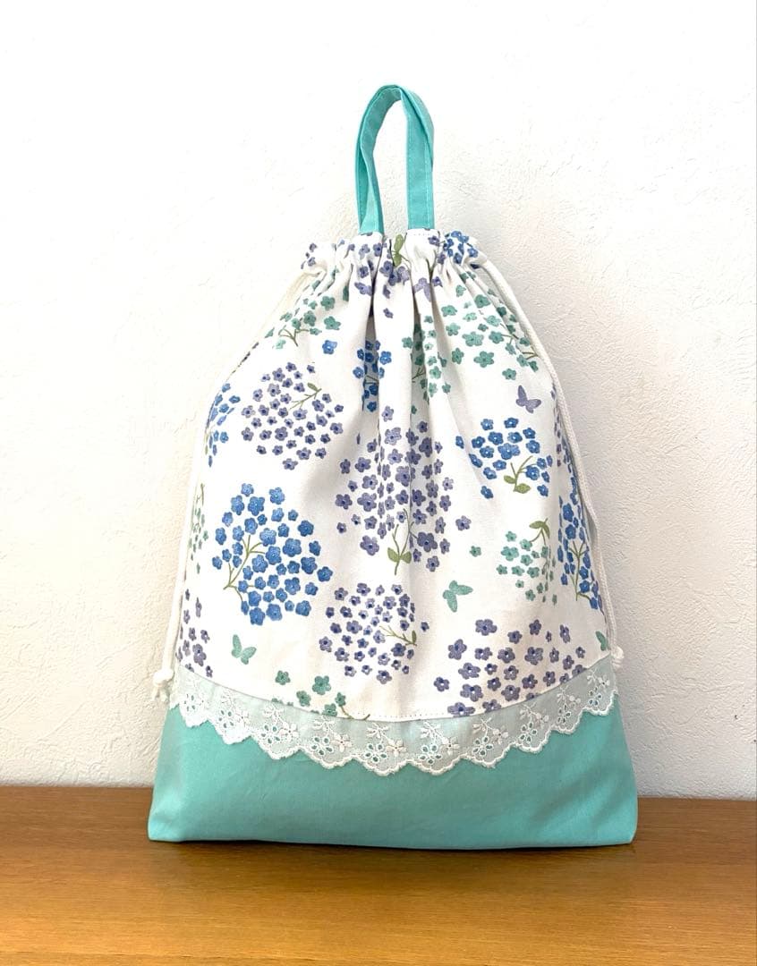 ハンドメイド　入園入学準備　レッスンバッグ5点セット　ふわふわフラワー　グリーン