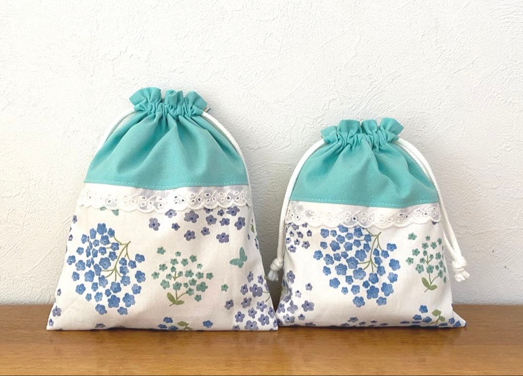 ハンドメイド　入園入学準備　レッスンバッグ5点セット　ふわふわフラワー　グリーン