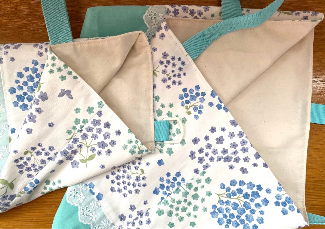 ハンドメイド　入園入学準備　レッスンバッグ5点セット　ふわふわフラワー　グリーン