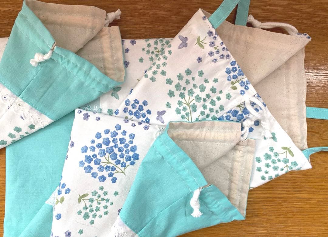 ハンドメイド　入園入学準備　レッスンバッグ5点セット　ふわふわフラワー　グリーン