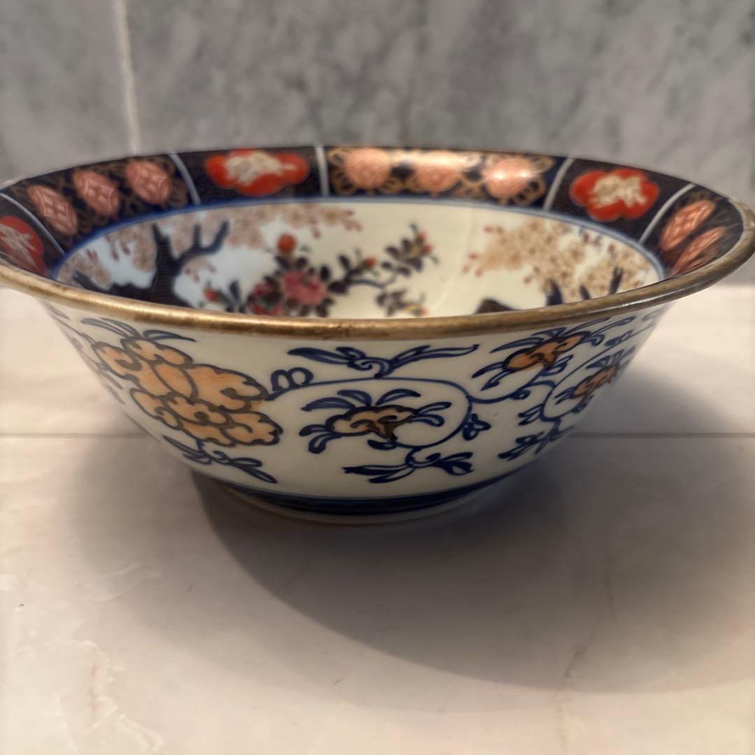 江戸後期古伊万里 桜や椿、龍、狛犬が美しく金彩ふんだん豪華絢爛ボウル22.5cm