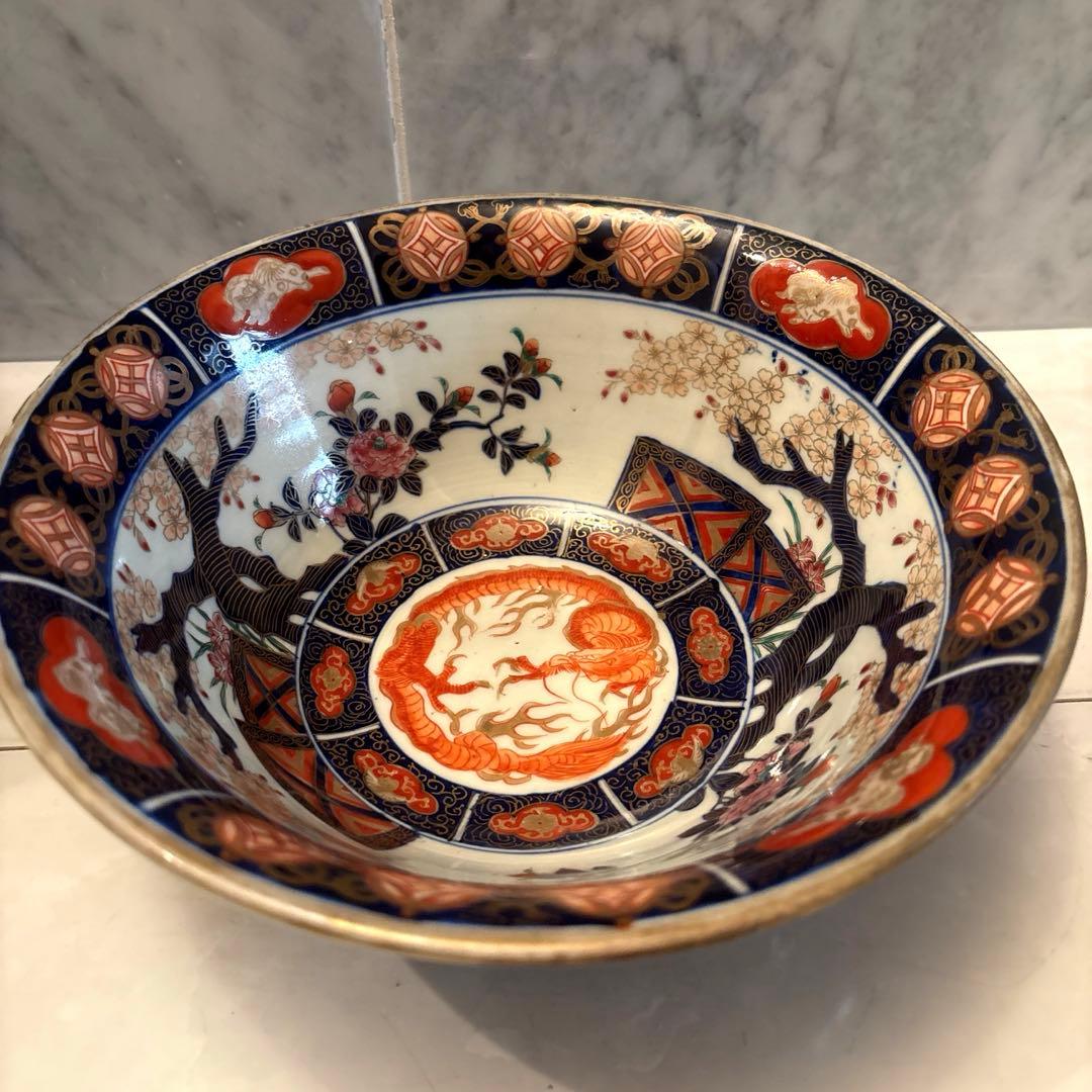 江戸後期古伊万里 桜や椿、龍、狛犬が美しく金彩ふんだん豪華絢爛ボウル22.5cm