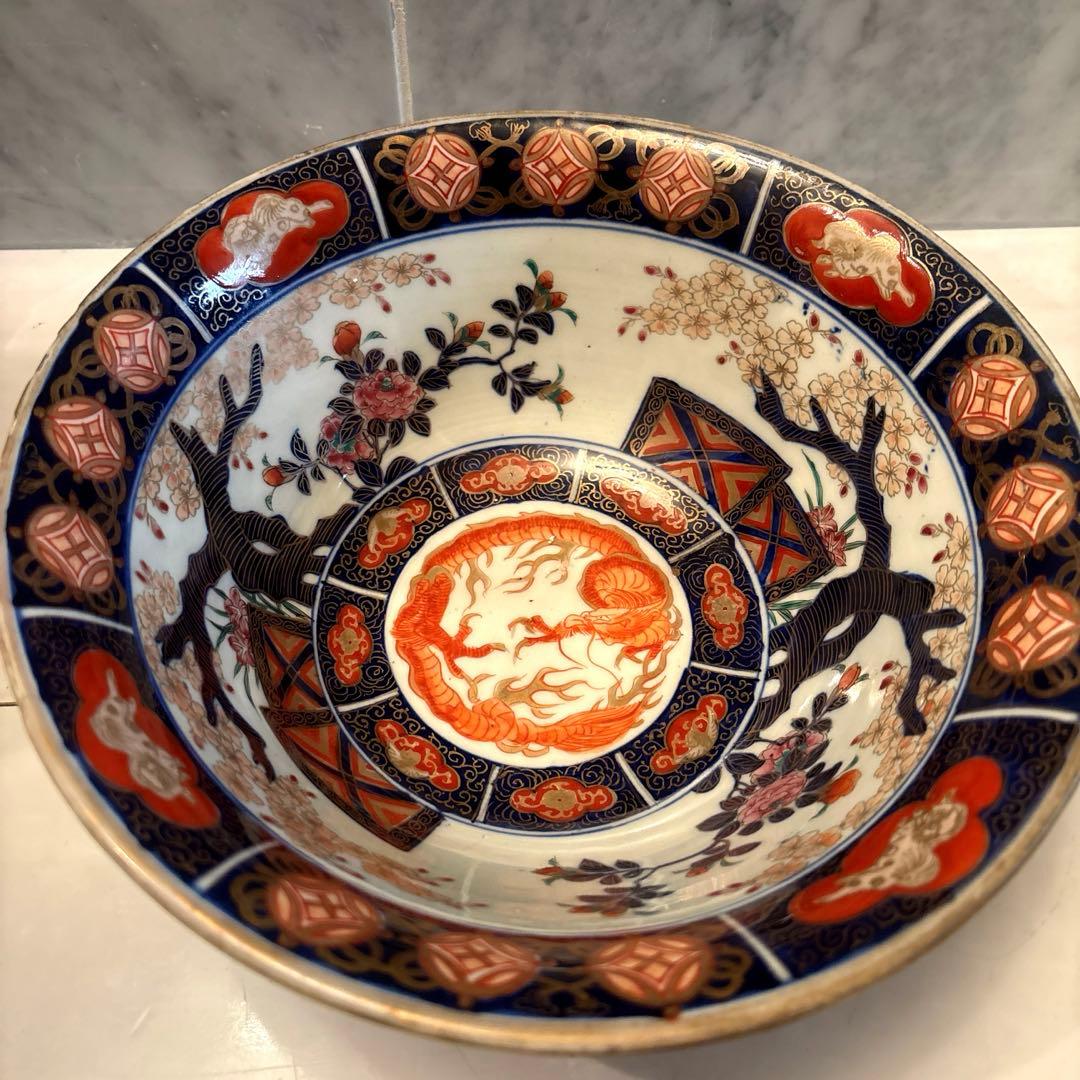 江戸後期古伊万里 桜や椿、龍、狛犬が美しく金彩ふんだん豪華絢爛ボウル22.5cm