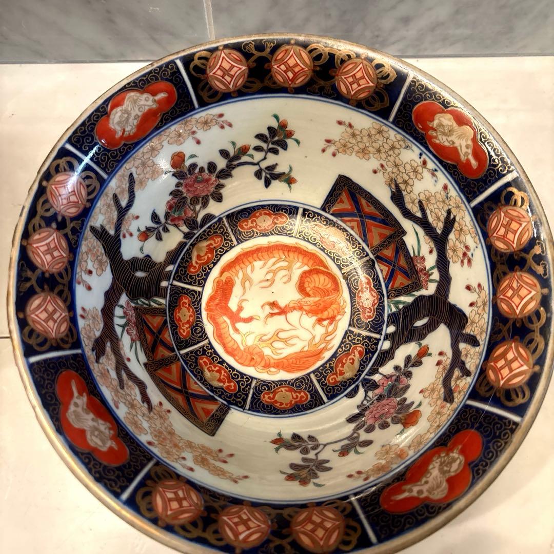江戸後期古伊万里 桜や椿、龍、狛犬が美しく金彩ふんだん豪華絢爛ボウル22.5cm