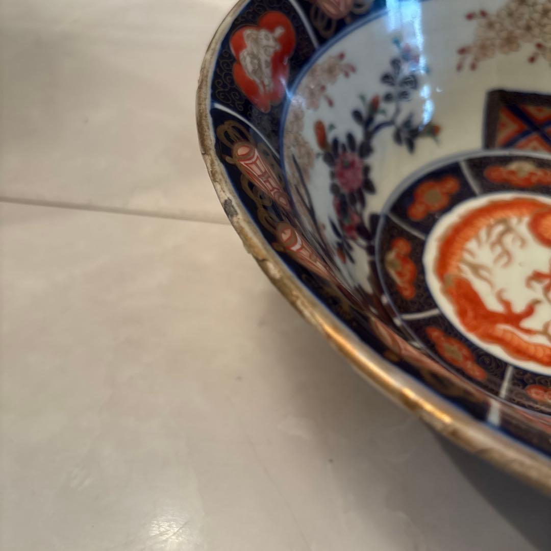 江戸後期古伊万里 桜や椿、龍、狛犬が美しく金彩ふんだん豪華絢爛ボウル22.5cm