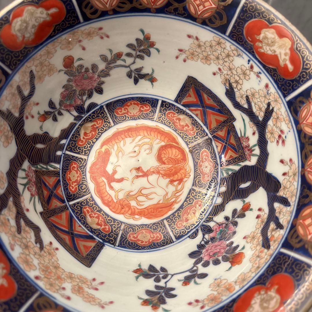 江戸後期古伊万里 桜や椿、龍、狛犬が美しく金彩ふんだん豪華絢爛ボウル22.5cm
