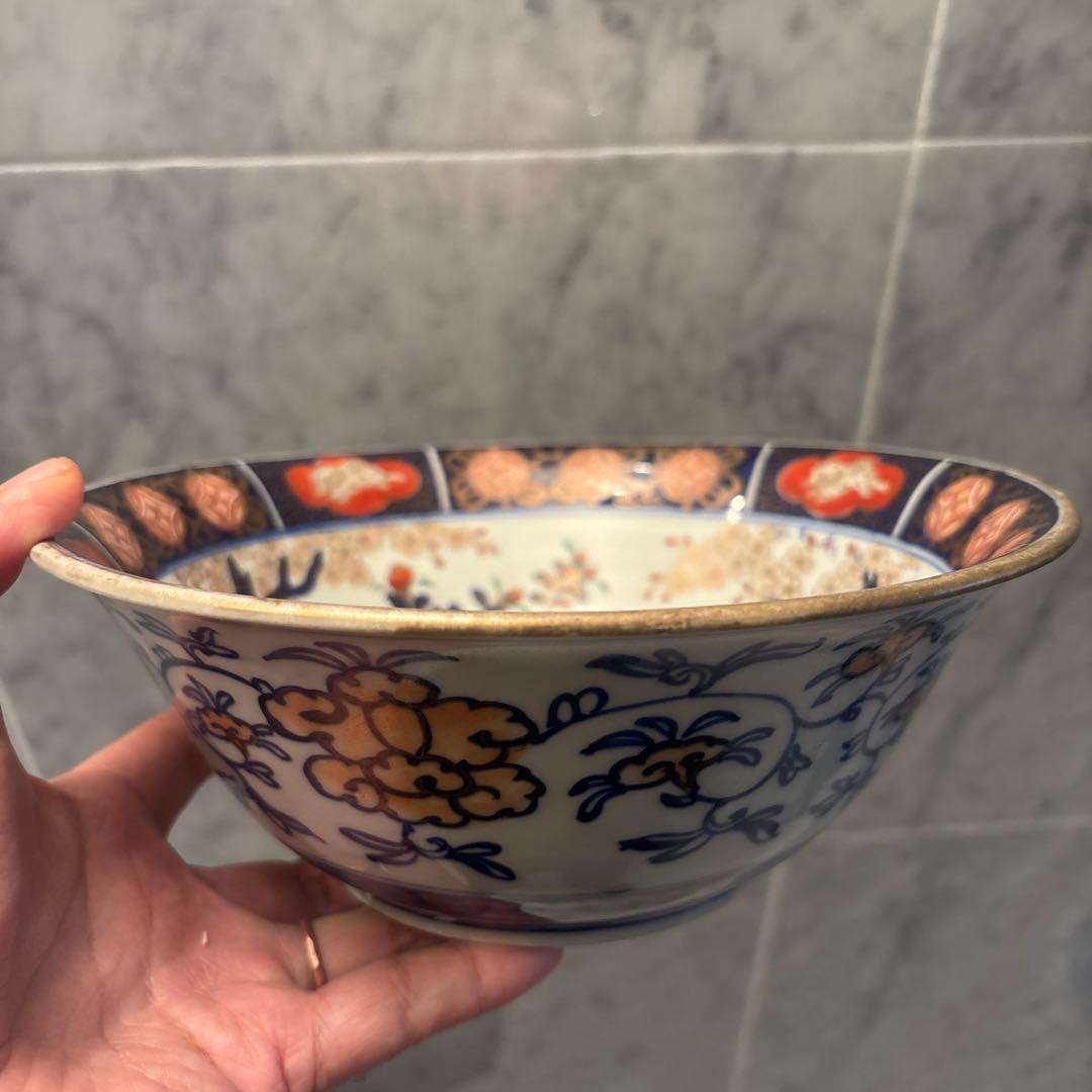 江戸後期古伊万里 桜や椿、龍、狛犬が美しく金彩ふんだん豪華絢爛ボウル22.5cm