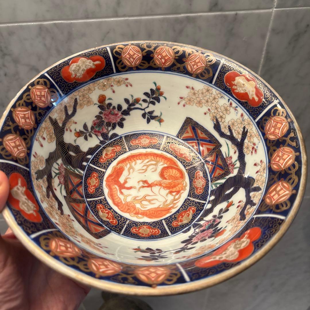 江戸後期古伊万里 桜や椿、龍、狛犬が美しく金彩ふんだん豪華絢爛ボウル22.5cm