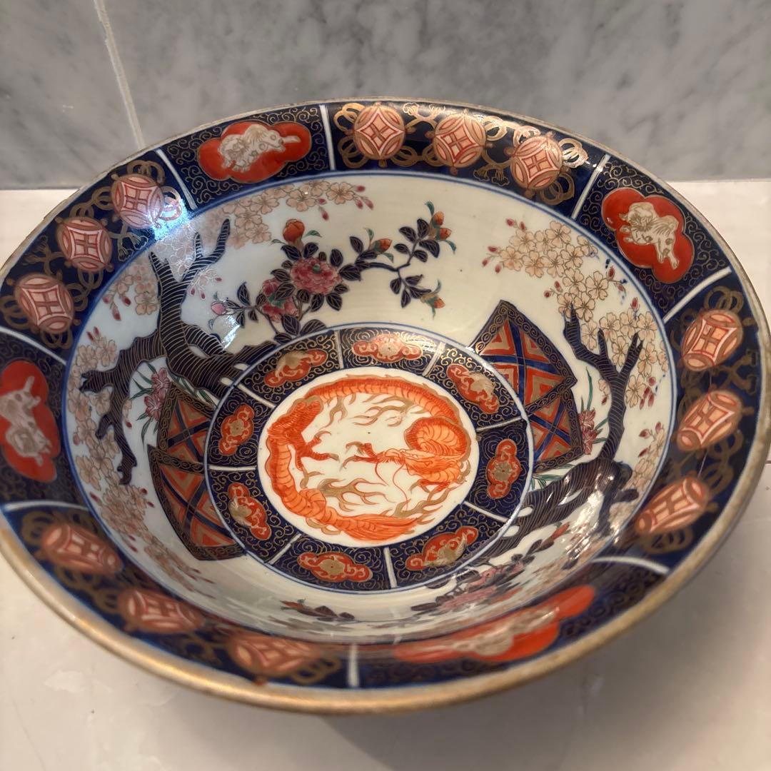 江戸後期古伊万里 桜や椿、龍、狛犬が美しく金彩ふんだん豪華絢爛ボウル22.5cm