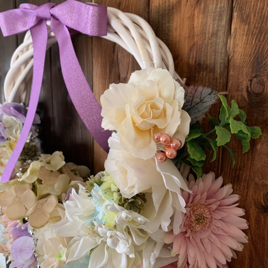 パステルカラー　フラワーリース　ブライダルリース　ブートニア付き