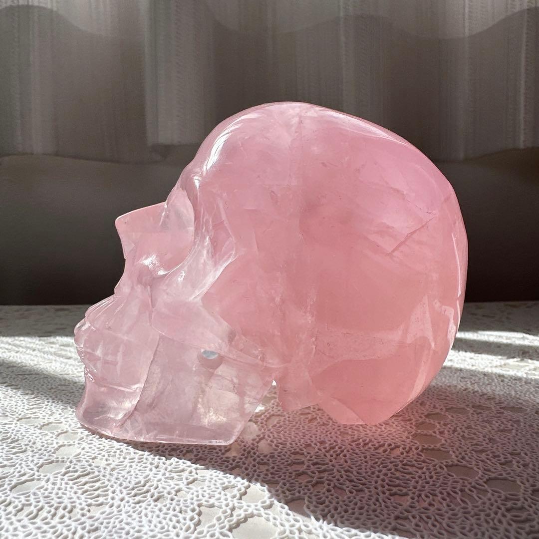 【ハイクオリティ】ローズクオーツ　スカル　骸骨　天然石　置物