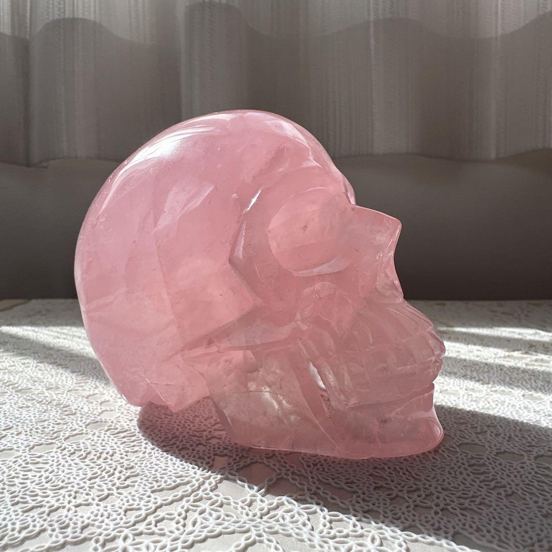 【ハイクオリティ】ローズクオーツ　スカル　骸骨　天然石　置物