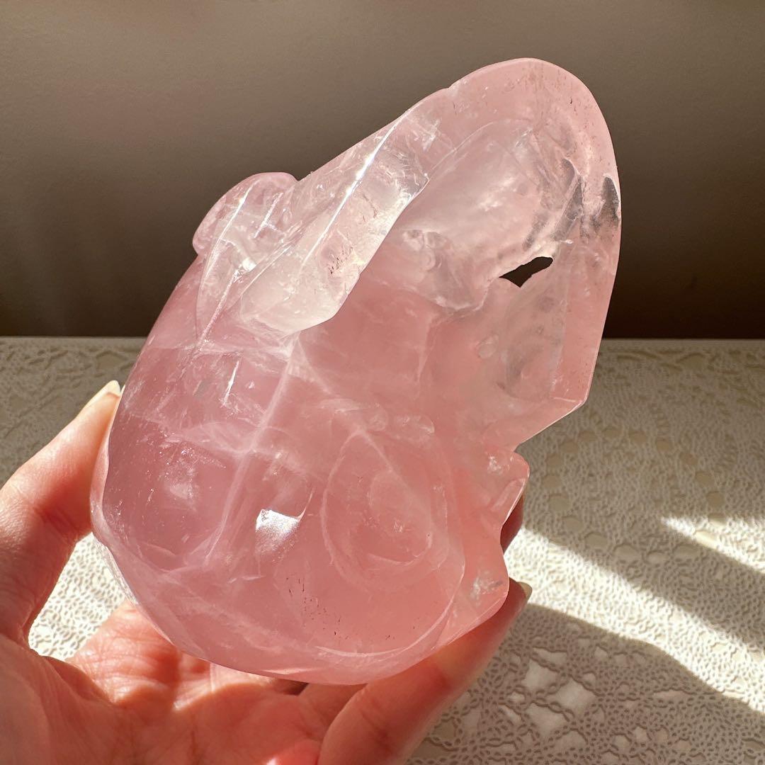 【ハイクオリティ】ローズクオーツ　スカル　骸骨　天然石　置物