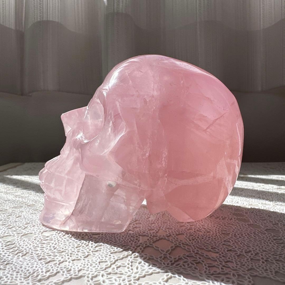 【ハイクオリティ】ローズクオーツ　スカル　骸骨　天然石　置物