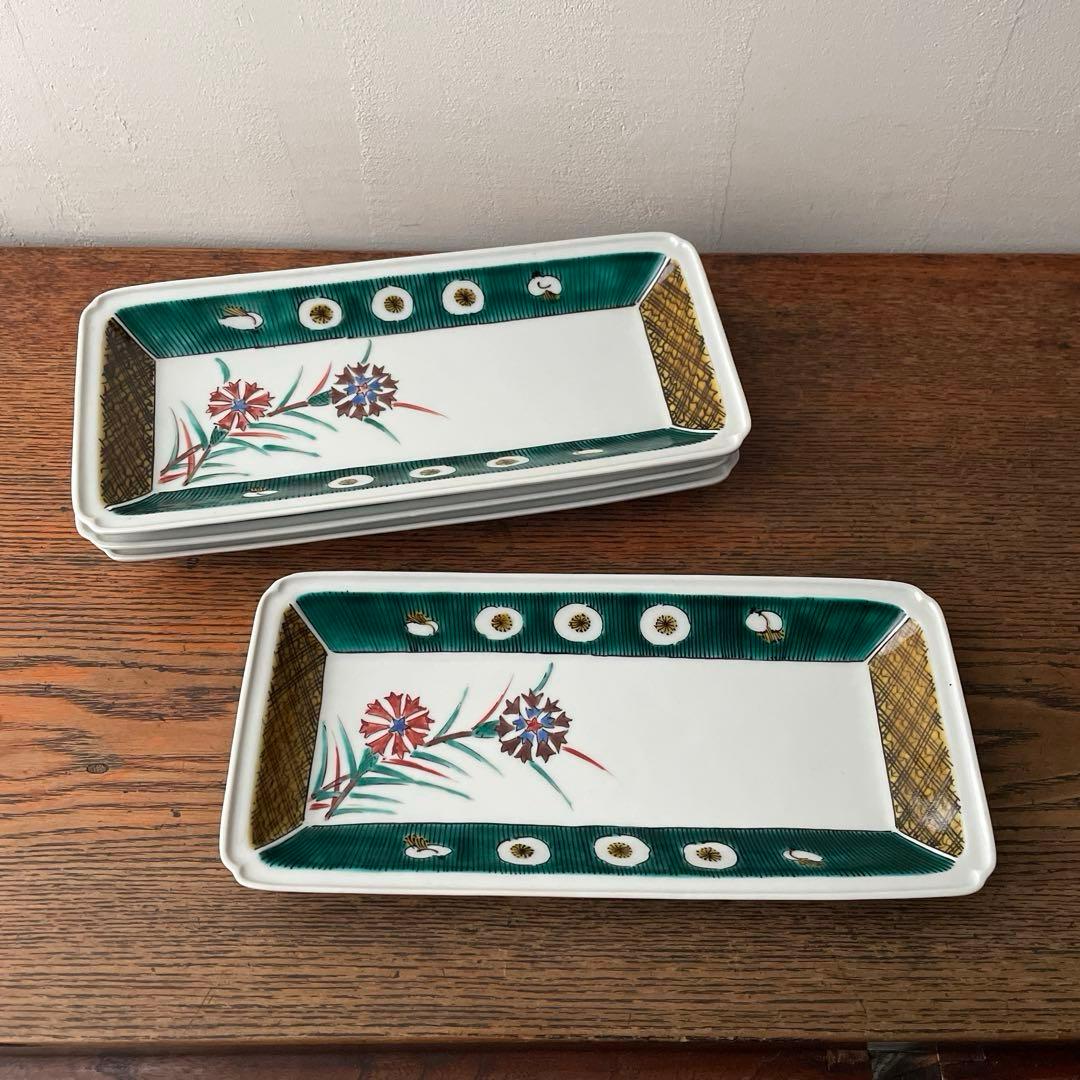 九谷焼　長方皿　長皿　スクエアプレート　ナデシコ　矢車菊　手描き　ハンドペイント
