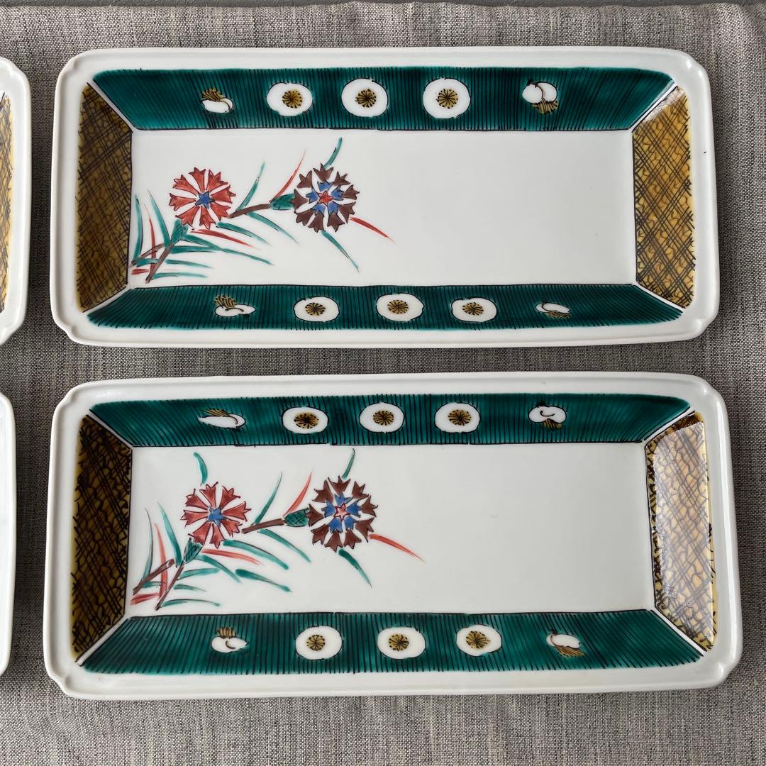 九谷焼　長方皿　長皿　スクエアプレート　ナデシコ　矢車菊　手描き　ハンドペイント