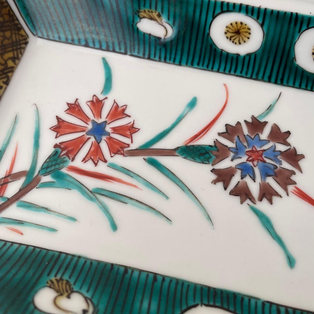九谷焼　長方皿　長皿　スクエアプレート　ナデシコ　矢車菊　手描き　ハンドペイント