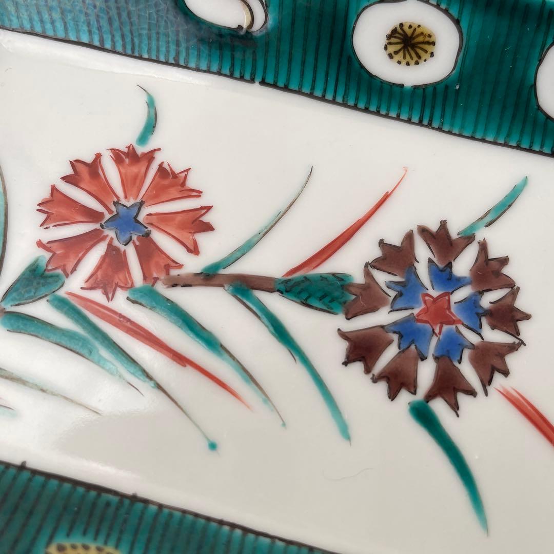 九谷焼　長方皿　長皿　スクエアプレート　ナデシコ　矢車菊　手描き　ハンドペイント