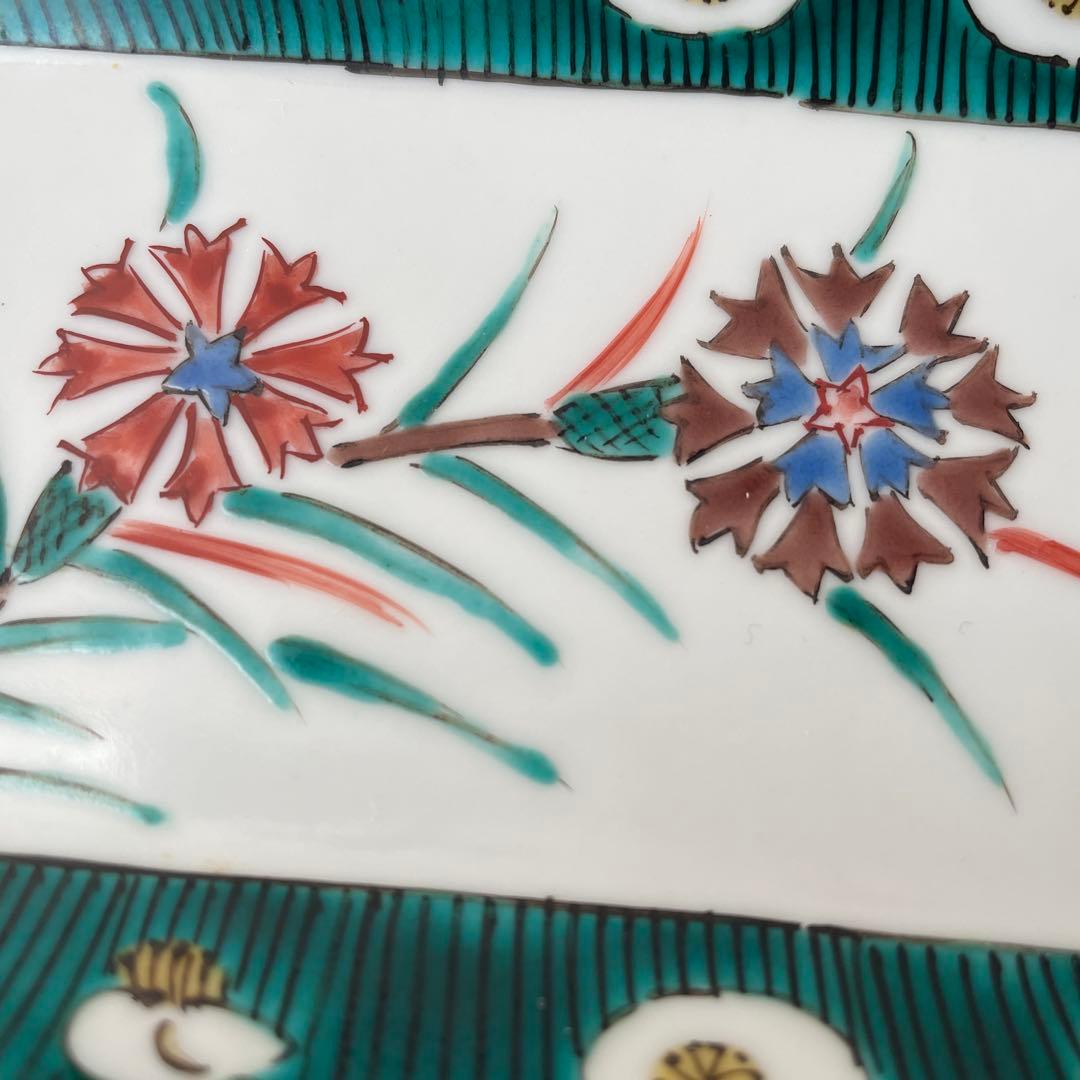 九谷焼　長方皿　長皿　スクエアプレート　ナデシコ　矢車菊　手描き　ハンドペイント