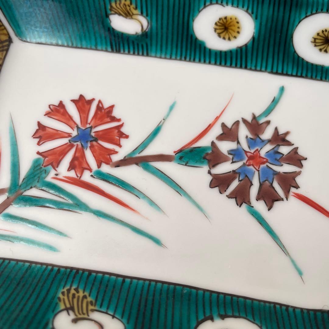 九谷焼　長方皿　長皿　スクエアプレート　ナデシコ　矢車菊　手描き　ハンドペイント