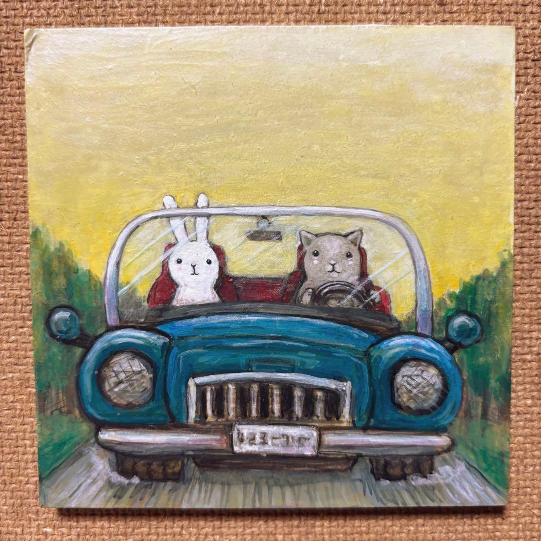 けい様用　自作絵画　青い車でどこへ行こう　猫とうさぎの絵　夜空のラベンダー畑の猫