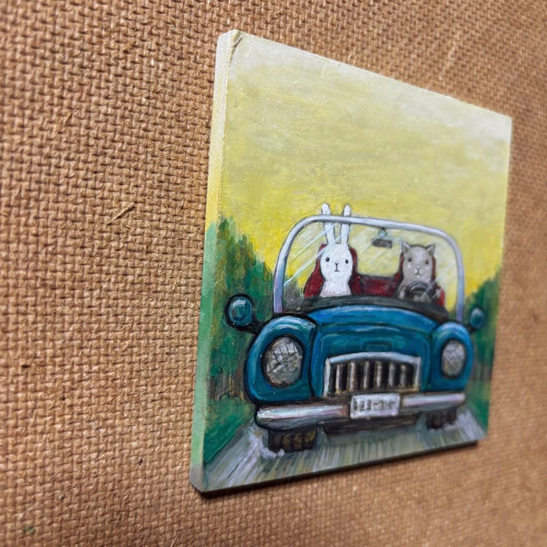 けい様用　自作絵画　青い車でどこへ行こう　猫とうさぎの絵　夜空のラベンダー畑の猫