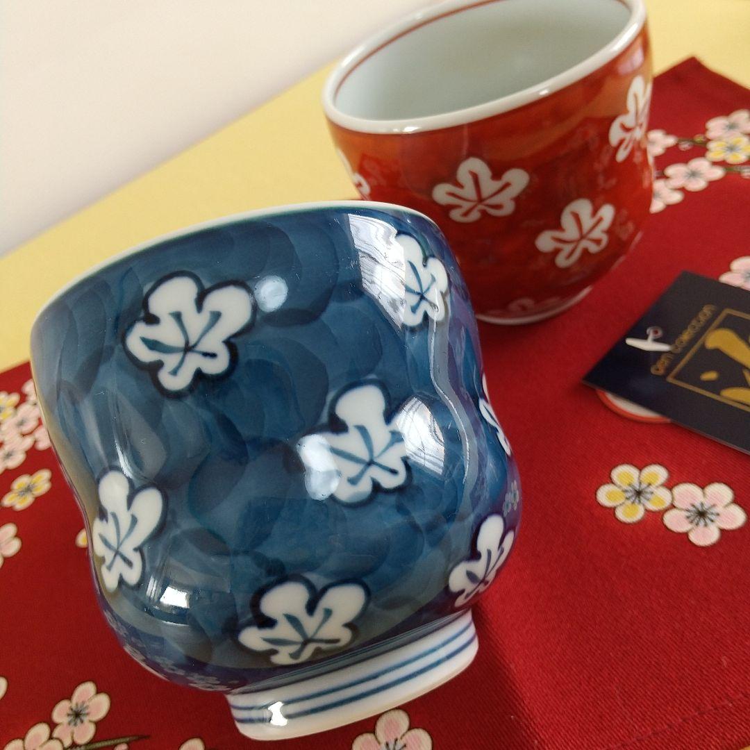 aloha染錦梅花丸紋濃(青)飯椀&梅紋ペア湯呑