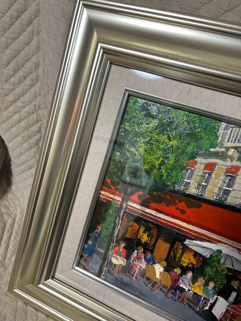 油彩画 斉藤要　カフェフーケ　 シルバー額付きF4サイズ