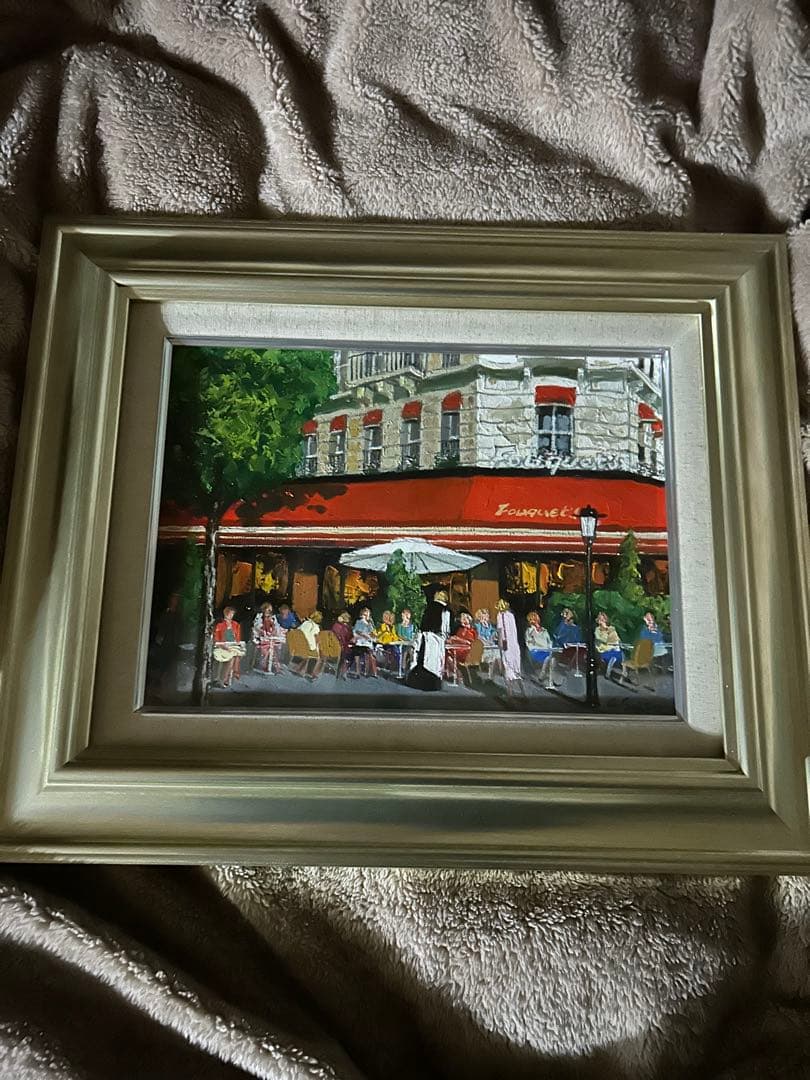 油彩画 斉藤要　カフェフーケ　 シルバー額付きF4サイズ