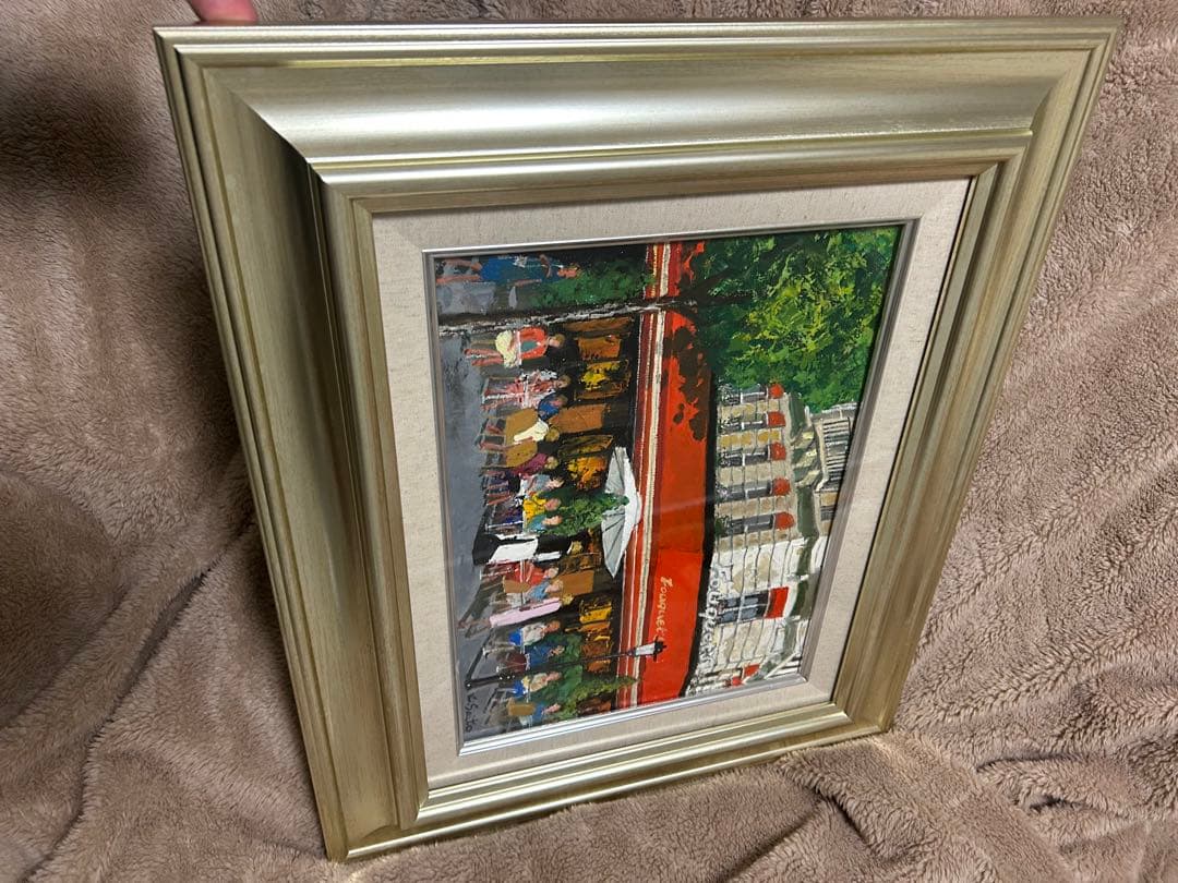 油彩画 斉藤要　カフェフーケ　 シルバー額付きF4サイズ