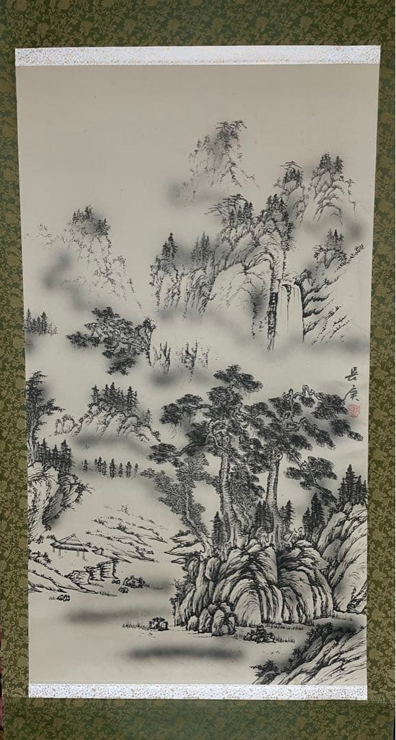茶室 掛軸 長庚作『山水風景図』 共箱 絹本 在銘 日本画 山水図 風景画