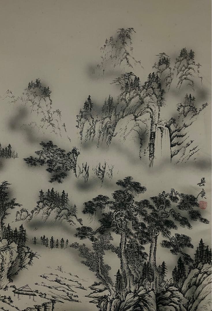 茶室 掛軸 長庚作『山水風景図』 共箱 絹本 在銘 日本画 山水図 風景画