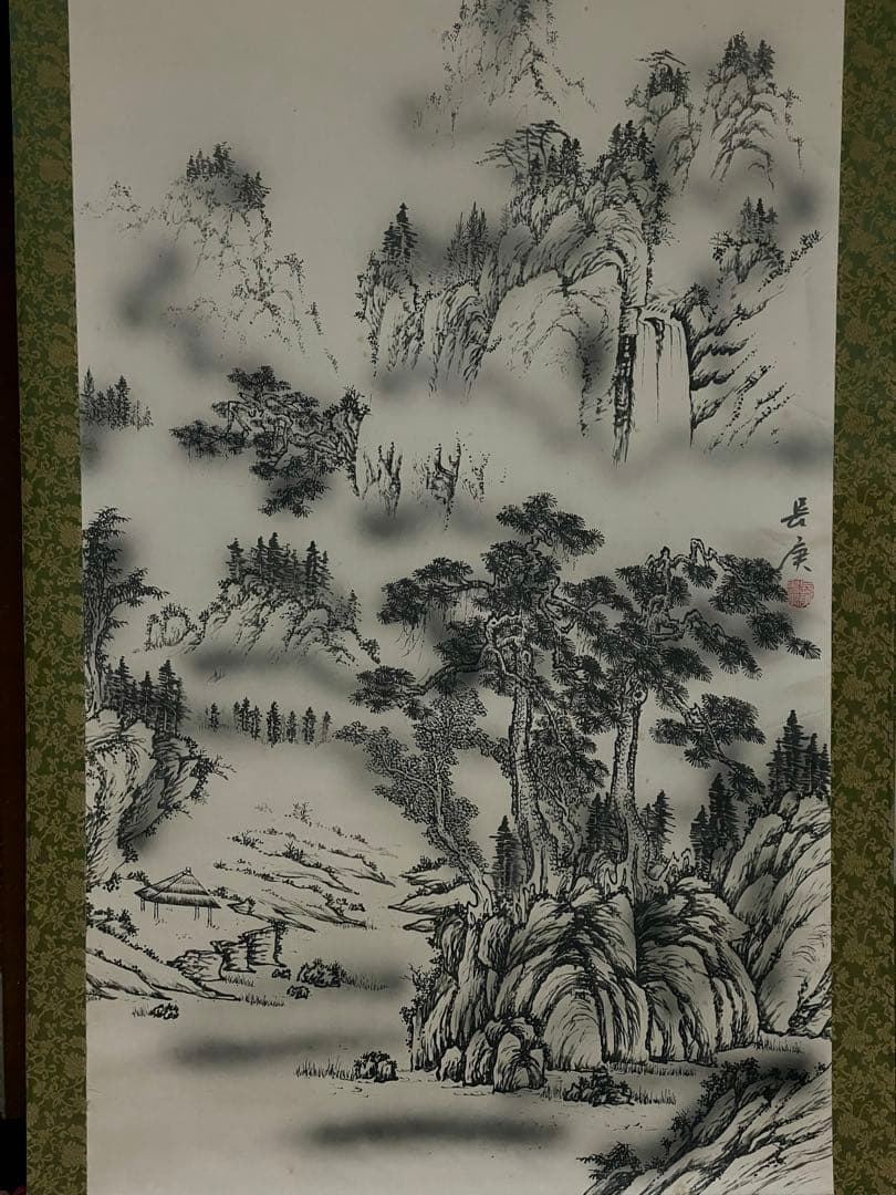 茶室 掛軸 長庚作『山水風景図』 共箱 絹本 在銘 日本画 山水図 風景画