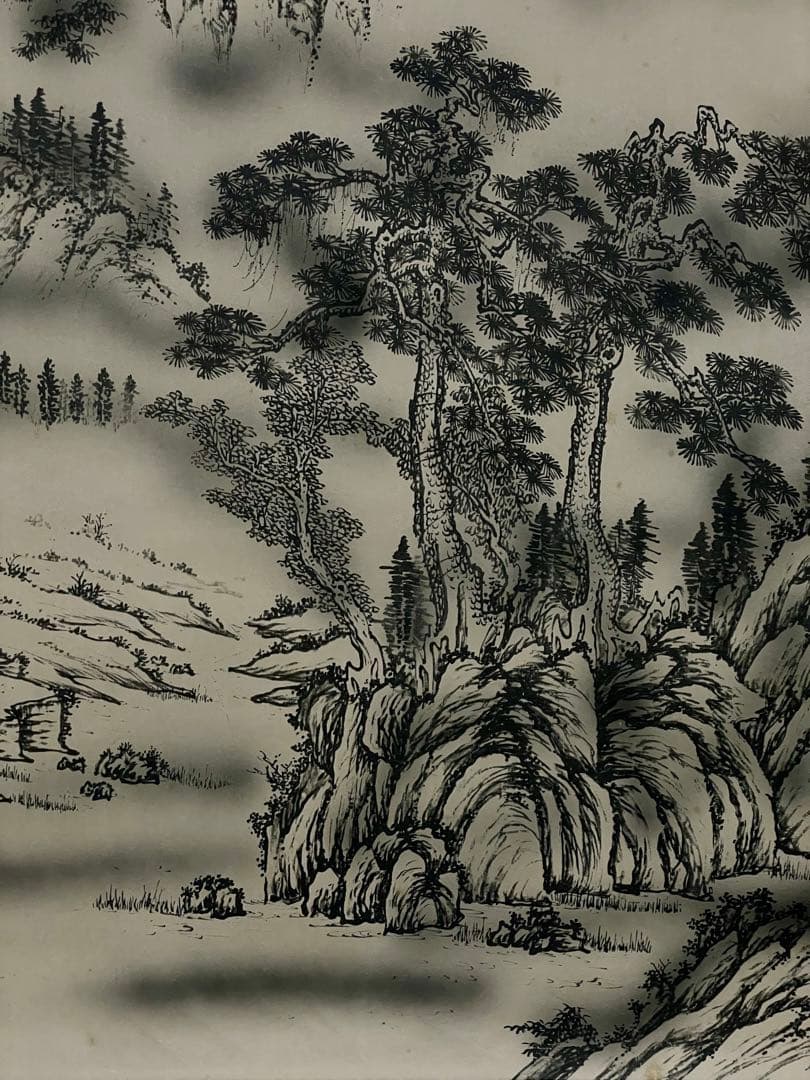 茶室 掛軸 長庚作『山水風景図』 共箱 絹本 在銘 日本画 山水図 風景画