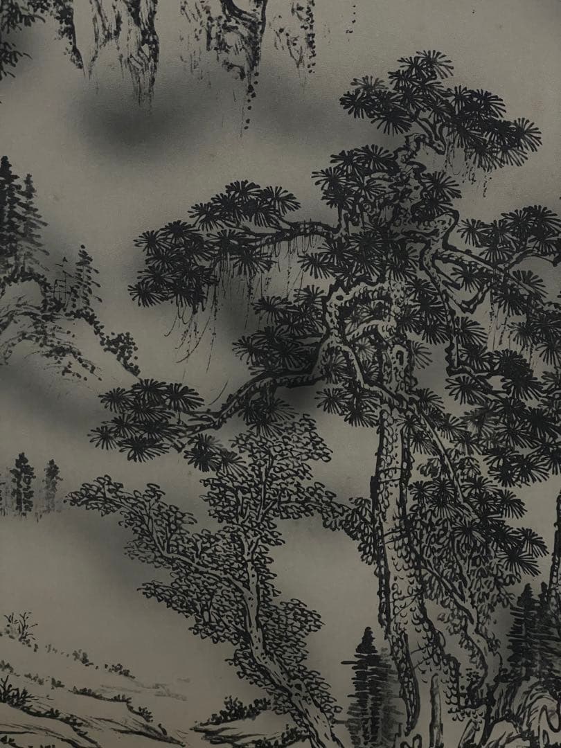 茶室 掛軸 長庚作『山水風景図』 共箱 絹本 在銘 日本画 山水図 風景画