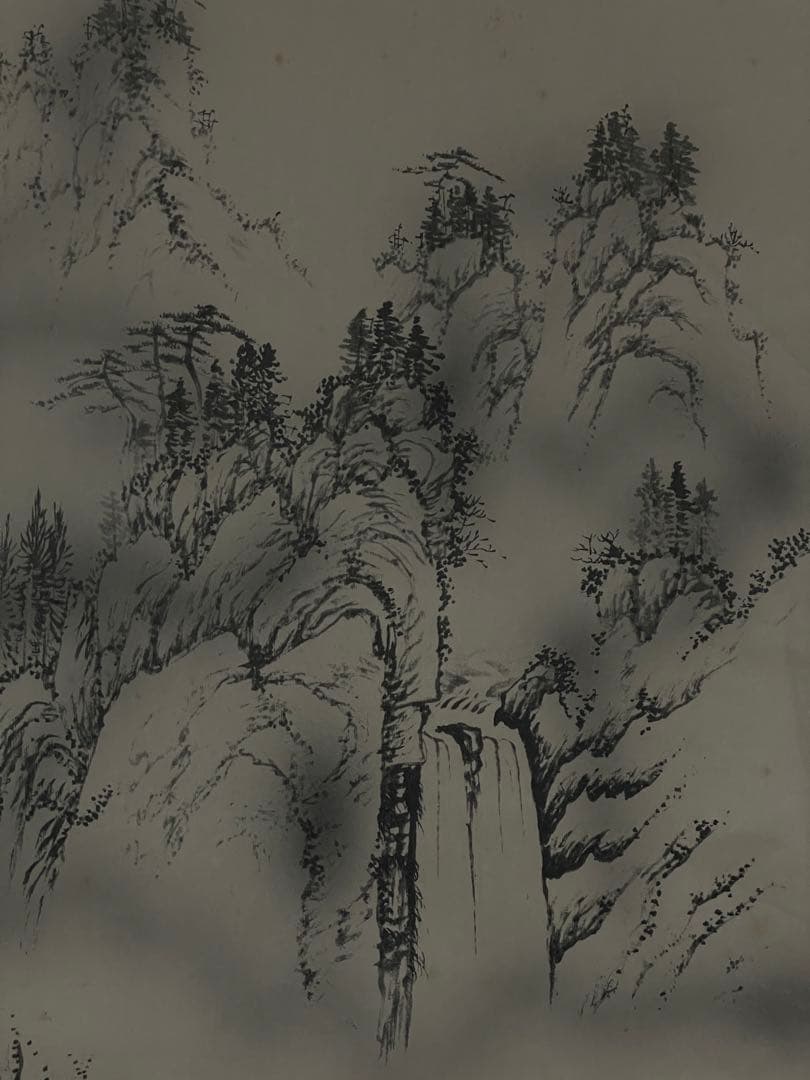 茶室 掛軸 長庚作『山水風景図』 共箱 絹本 在銘 日本画 山水図 風景画