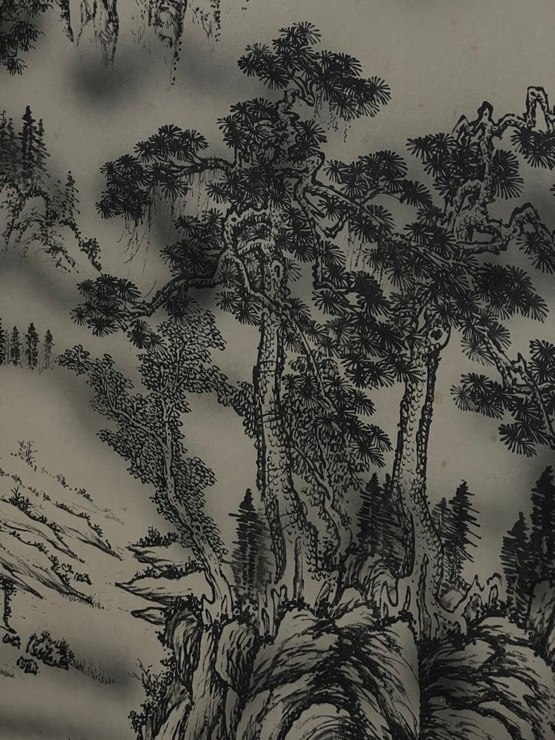 茶室 掛軸 長庚作『山水風景図』 共箱 絹本 在銘 日本画 山水図 風景画