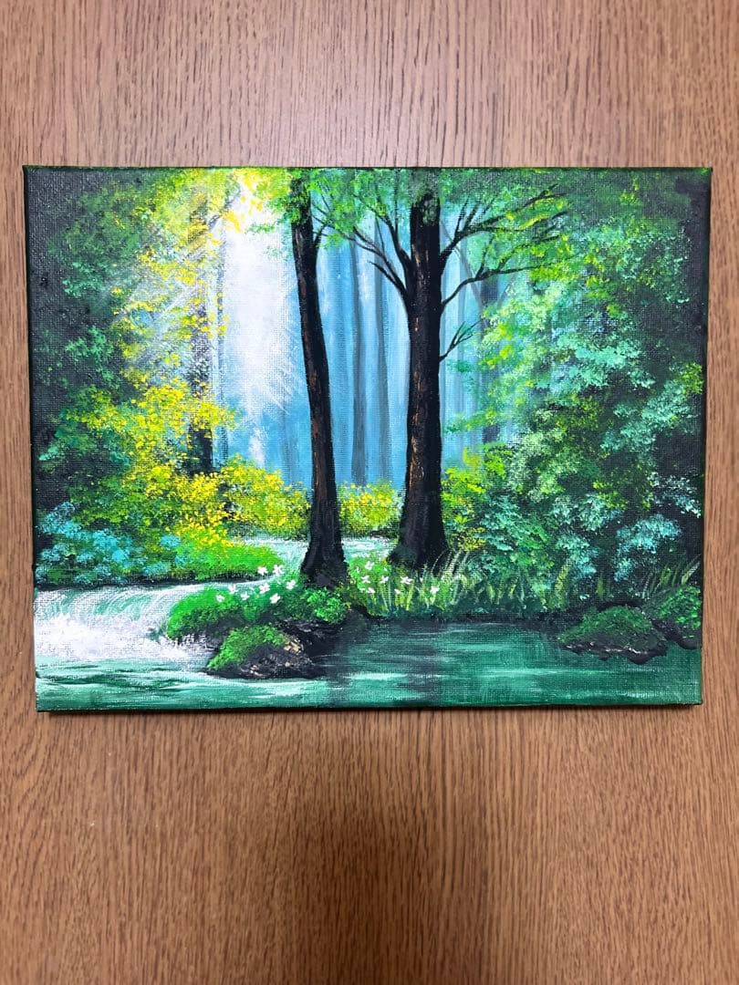 ね*】様 風景画 アクリル絵画　柔らかな木漏れ日の森の渓流
