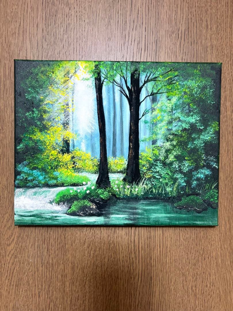 ね*】様 風景画 アクリル絵画　柔らかな木漏れ日の森の渓流