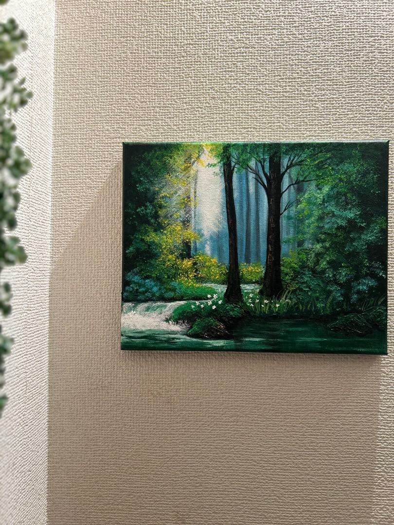ね*】様 風景画 アクリル絵画　柔らかな木漏れ日の森の渓流